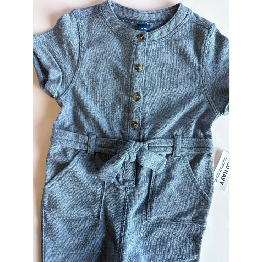 Old Navy Infant Girls 18-24M Blue Pants‎ Romper Short Sleeve Belted Button NEW